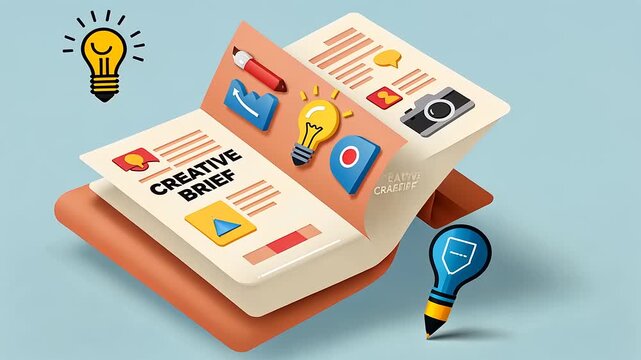 Colorful creative brief illustration with design elements, showcasing tools and icons on a blue background