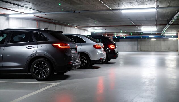 Various parked cars aligned in a row inside an underground basement parking garage with dim lighting and concrete structure surroundings