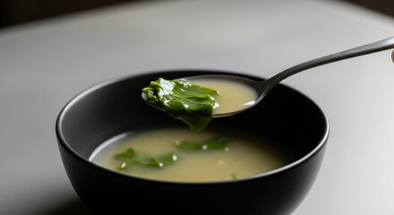 Minimalist scene of silver spoon lifting clear broth with fresh green leafy herbs from matte black bowl on neutral table for healthy simple meal concept