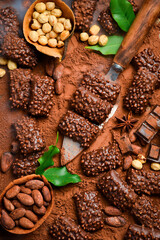 COOKIES sprinkled with chocolate and nuts. Dessert. Top view. Space for text.