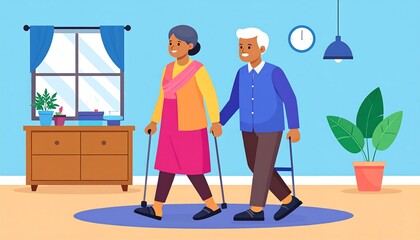 Elderly couple walking indoors, holding hands and using canes