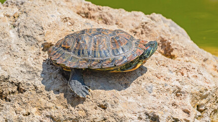 red-eared turtle basking in the sun
