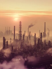 Fototapeta premium Industrial cityscape under hazy orange sky