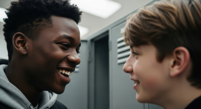 Teen boys share genuine laughter and friendly conversation while standing at lockers in bright school hallway, expressing joy, trust, and connection in diverse friendship - Powered by Adobe