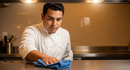 Focused young chef in white uniform wiping spotless stainless steel counter in modern restaurant kitchen after preparing for service, ensuring cleanliness and hygiene standards