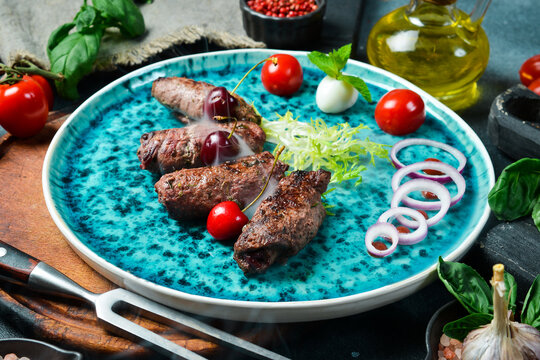 Lyula kebab made of veal. Barbecue menu. Azerbaijani cuisine. Top view.