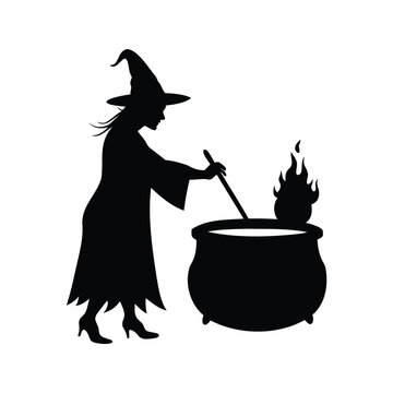 black witch stirring cauldron silhouette clip art preview