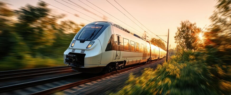 The train speeding through a beautiful sunset landscape on a railway track.