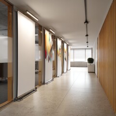 End of office hallway with horizontal roll-up banners for event promotions and business ads.