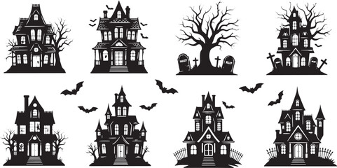 Spooky haunted houses and bats gothic silhouette, haunted house, spooky, gothic, silhouette, bats, graveyard, tombstones, halloween, creepy, eerie, dark, vintage, spooky tree, scary, night, illustrati