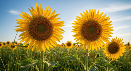 Fototapeta premium Vibrant yellow sunflowers in full bloom facing sunlight in green agricultural field on clear blue sky summer morning countryside landscape