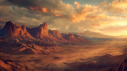 Dramatic desert landscape with sandstone formations under a fiery sunset sky