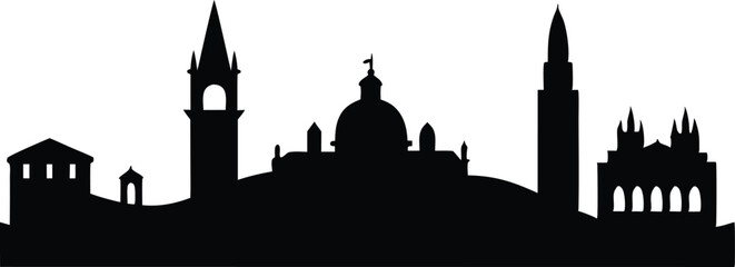 Obraz premium Venice Italy Skyline Silhouette at Sunset, Silhouette of Venice Skyline with Canal and Gondola Vector Illustration