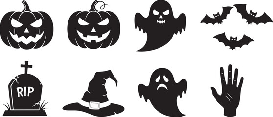 Fototapeta premium Halloween icons spooky creatures and symbols pumpkin, halloween, pumpkin, jack o lantern, ghost, bat, tombstone, witch hat, rip, spooky, scary, black, white, illustration, graphic, design, holiday, ce