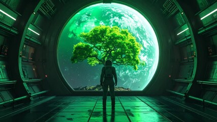 Lone Astronaut Gazes at a Surreal Floating Tree and Verdant Planet from a Spaceship Window