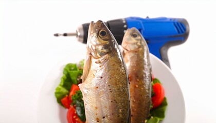 An absurd culinary concept with two cooked fish served on a salad, juxtaposed with an industrial power drill for a surreal effect.