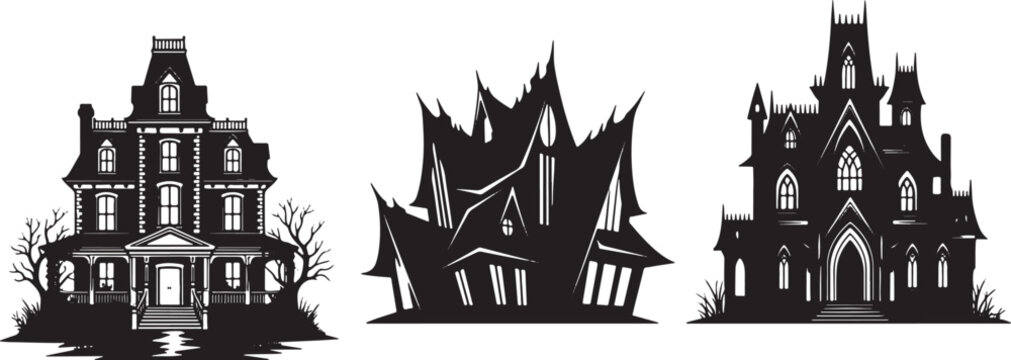 Haunted houses silhouettes spooky gothic, haunted house, spooky, gothic, victorian, architecture, silhouette, black and white, creepy, scary, old house, mansion, horror, halloween, illustration, desig