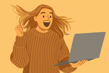 Excited Woman Reacting to Good News on Laptop &ndash; Flat Vector Illustration