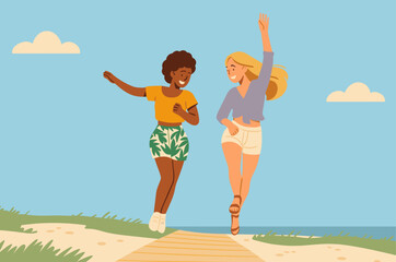Happy Female Friends Enjoying Summer by the Beach &ndash; Flat Vector Illustration