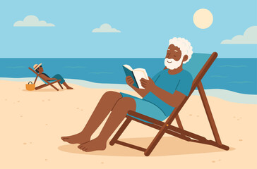a senior man sitting on a beach chair, enjoying a book under the sun by the seaside.