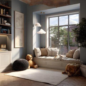 Cozy reading nook with natural light: A serene interior scene featuring a comfortable reading nook bathed in natural light, inviting relaxation and contemplation.