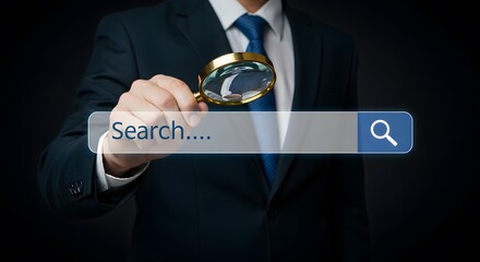 Business person holding a magnifying glass over a glowing search bar, symbolizing online research, data discovery, and digital information retrieval.
