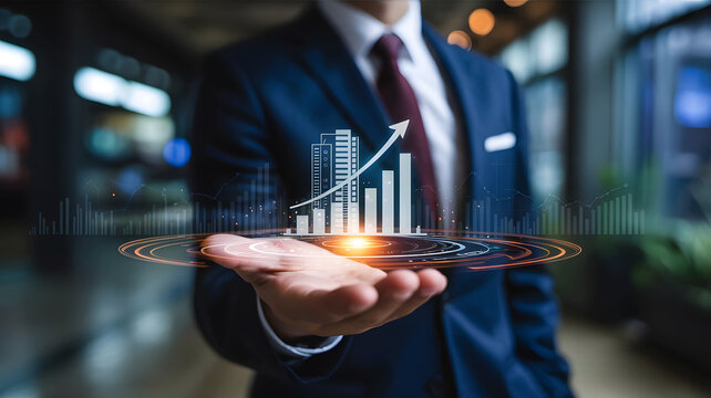 Businessman holding a holographic financial growth chart with rising arrow and city skyline