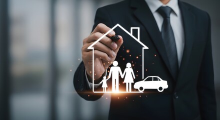 Businessman drawing house with family and car icons, representing transparent home, life, and auto insurance protection and security concepts.

