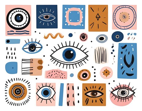 Eclectic collection of hand-drawn eye symbols and geometric shapes in various compositions