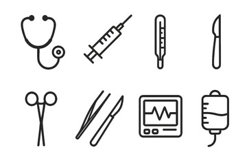 Fototapeta premium A minimalist medical-themed line icon set featuring a stethoscope, syringe, thermometer, scalpel, medical scissors, tweezers, ECG monitor, and IV bag. Simple, flat design