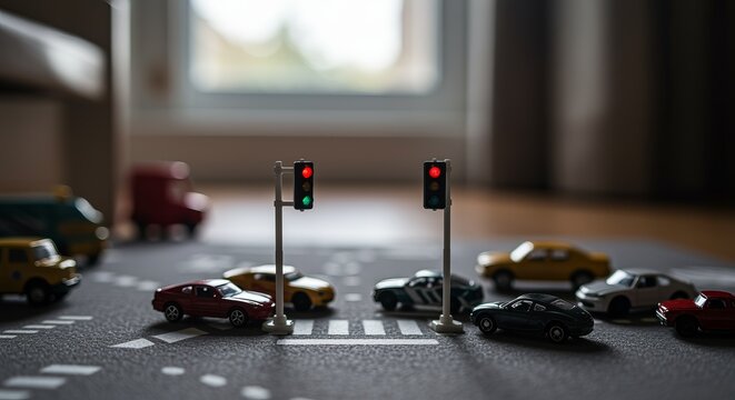 Miniature traffic light among toy cars on play mat in child room with soft morning window light