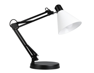 Sleek Adjustable Metallic Desk Lamp with Round Base, isolated on a transparent background.