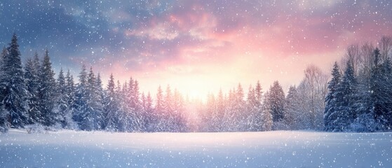 The breathtaking winter landscape with snow-covered trees and a colorful sunset.