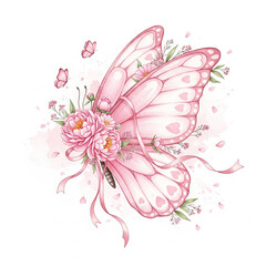 Pink Butterfly Wings with Peonies Clipart – Floral Ribbon Pastel Illustration