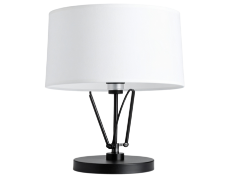 Adjustable Workspace Lamp with White Cylindrical Shade and Geometric Frame, isolated on a transparent background.