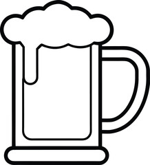A line art drawing of a glass of beer icon. a glasses of beer full of foam engraving black and white outline.