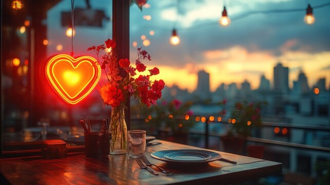 Romantic rooftop dinner setting with city sunset view
