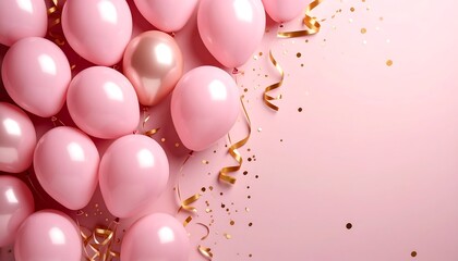 Pink balloons and gold confetti on a pink background