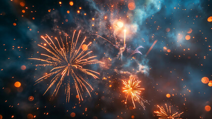 Vibrant orange fireworks explode in a dark night sky with glowing embers and cosmic clouds