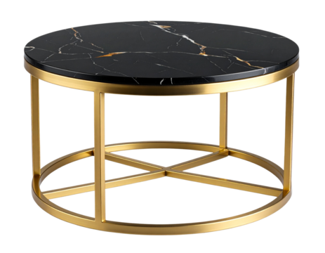 Elegant Round Black Marble Side Table with Gold Metal Frame, isolated on a transparent background. - Powered by Adobe