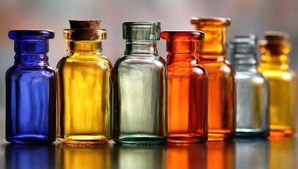 Colorful glass bottles lined up, various hues