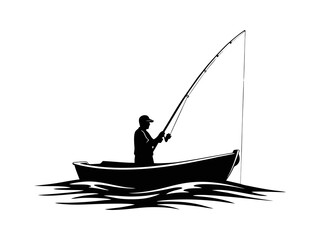 Silhouette of a man fishing in the sea on a boat