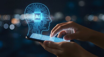 Hands interact with a mobile phone screen displaying a glowing AI human head with a circuit board, symbolizing artificial intelligence integration and data processing.
