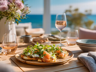 Smoked salmon pizza with , glass of white wine on a rustic wooden table with ocean view.