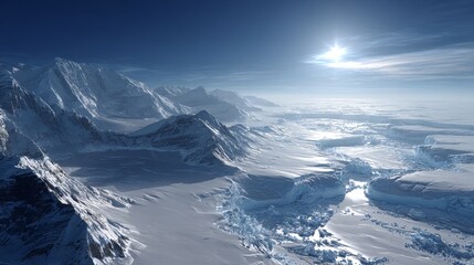 A stunning aerial view of snow-covered mountain ranges under a bright sun, showcasing vast ice and glaciers in a cold, natural landscape.