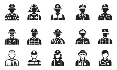 A collection of black and white silhouette icons representing various public service professions, including police, firefighters, paramedics, nurses, military, and more.