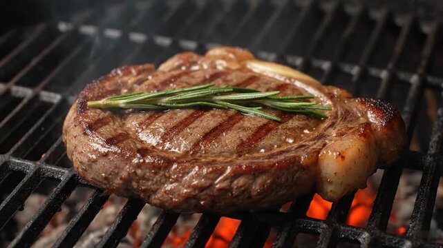 Sizzling Steak Perfection: Close-Up of Juicy Sirloin Grilling with Rosemary Garnish
