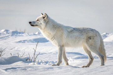 Obraz premium A magnificent white Arctic wolf stands in profile, alert on a vast, sunlit snow-covered background during a cold winter day.