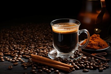 Steaming Glass of Dark Coffee with Cinnamon Sticks and Roasted Coffee Beans