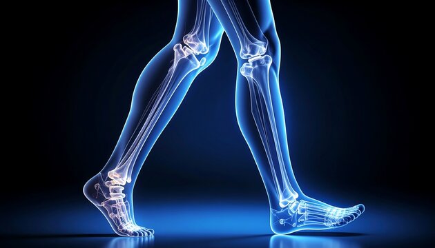 Glowing blue digital rendering of legs and feet, showcasing skeletal structure in motion